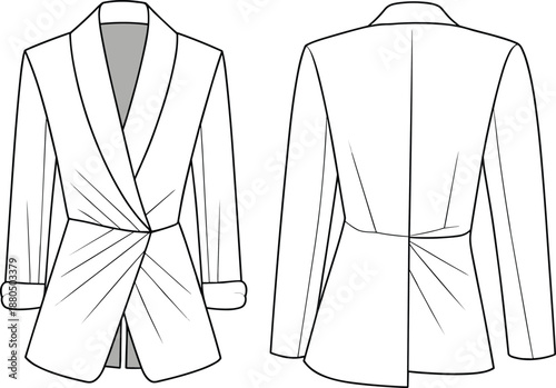 Women's wrap blazer fashion flat sketch, front and back view, draped detail, technical illustration, vector template, elegant jacket design