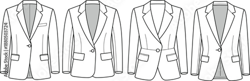Women's blazer jacket fashion flat sketch collection, stylish tailored coats with lapel collars and pockets, CAD drawing flat vector illustration