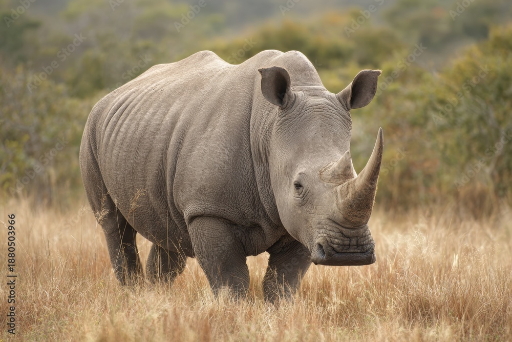 Fototapeta premium White rhinoceros walking through grassland in natural habitat during daylight hours showcasing its distinct features and strong physique