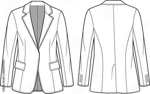 Women's blazer technical flat sketch, vector jacket CAD, formal outerwear design, fashion drawing template, tailored coat illustration, office wear