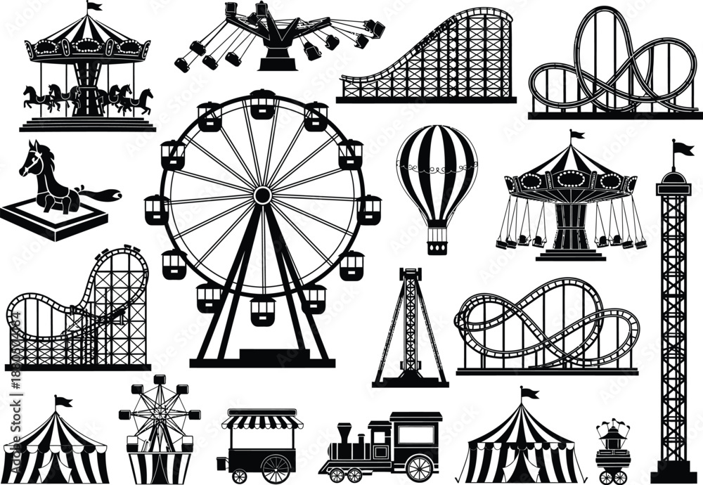 Naklejka premium Detailed black silhouette collection of theme park rides and carnival structures featuring rollercoasters and a giant ferris wheel