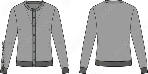 Women's button-up cardigan sweater fashion flat sketch, vector CAD drawing template, long sleeve knitwear design for apparel projects.