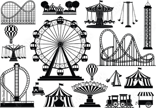 Comprehensive silhouette set of amusement park attractions including a ferris wheel, rollercoasters, and carnival tents