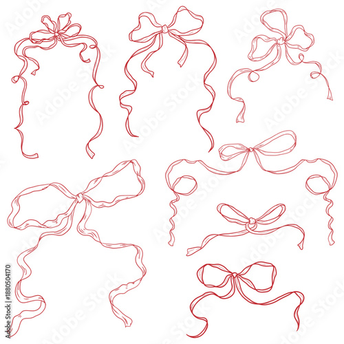 Red bows and ribbons, whimsical hand-drawn sketch. Vector illustration. Elegant bow collection isolated on white background. Suitable for wedding celebrations, holidays, party decorations, gifts,