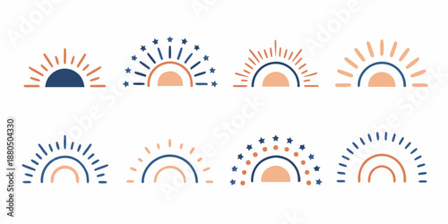 Abstract sun icons in blue and orange arranged in two rows