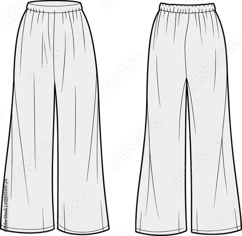 Women's elastic waist loose pants front and back technical sketch, fashion cad drawing for apparel design flat vector illustration