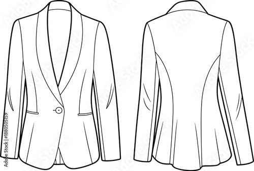 Women's shawl collar fitted blazer technical sketch, flat vector illustration front and back view, fashion CAD, tailored jacket design