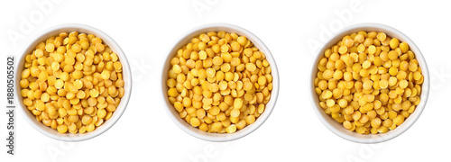 Top view of yellow legumes in bowls for healthy cooking and nutrition on transparent background