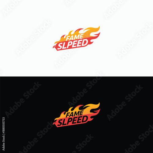 A dynamic brand logo prominently displays "FAME SLPEED" in bold typography, engulfed by vibrant red and orange flames, against white and stark black backgrounds.