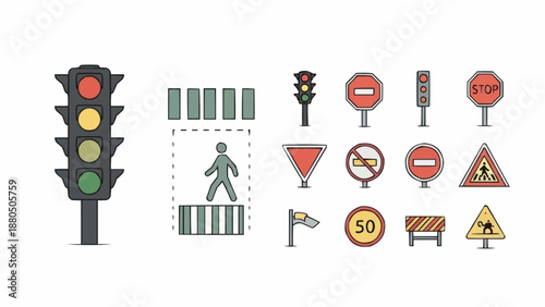 Collection of traffic and road signs and signals.