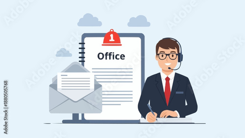 Customer service agent wearing headset and glasses writing notes at desk with office document and email.
