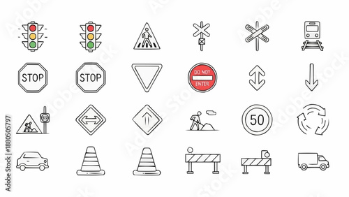 Collection of traffic and road signs icons.