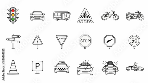 Collection of traffic signs and road symbols hand drawn illustration.