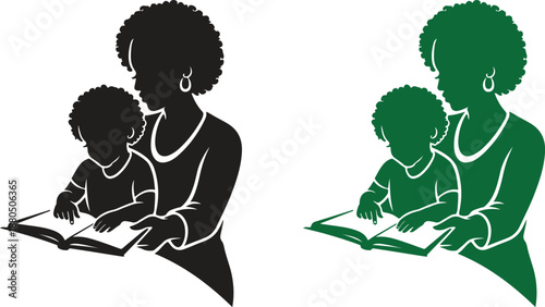 African Mother Teaching Child Reading Book Silhouette Education Concept