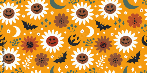 halloween themed pattern with flowers bats and moons on orange background