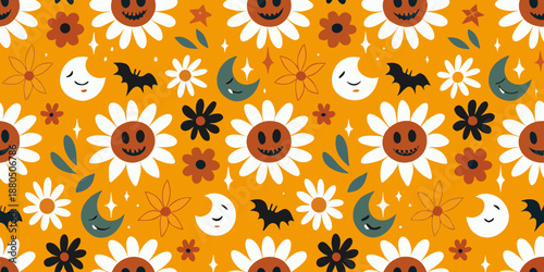 halloween pattern with smiling pumpkins and moons