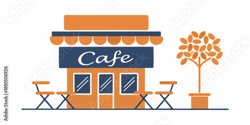 A simple illustration depicting a cafe storefront with outdoor seating and a tree