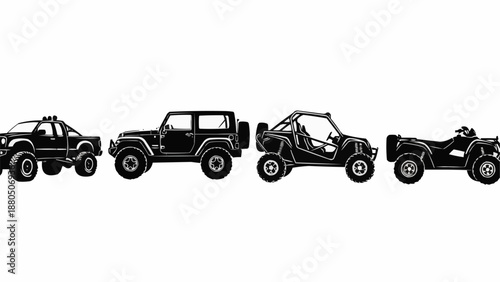 Four wheeled vehicles lined up side by side.