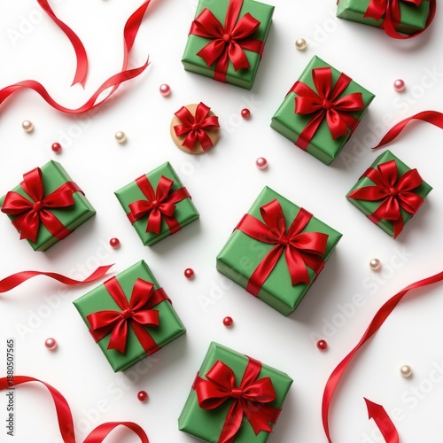 Festive Gift Arrangement with Red Ribbons and Holiday Decorations
