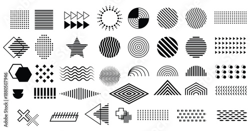 Abstract geometric line and pattern elements set with circles, waves, grids and shapes