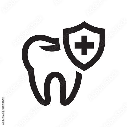 Minimalist tooth icon with shield and cross symbolizing dental care and protection in flat design style
