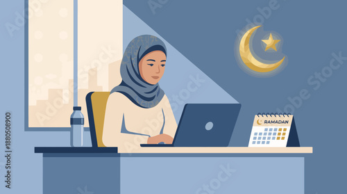 A Muslim woman in a hijab working on a laptop at her desk during Ramadan, with a calendar and Islamic symbol.