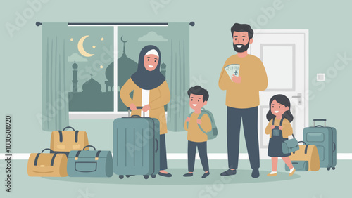 A happy Muslim family with two children preparing for a journey, surrounded by luggage, with a mosque and crescent moon visible through the window.
