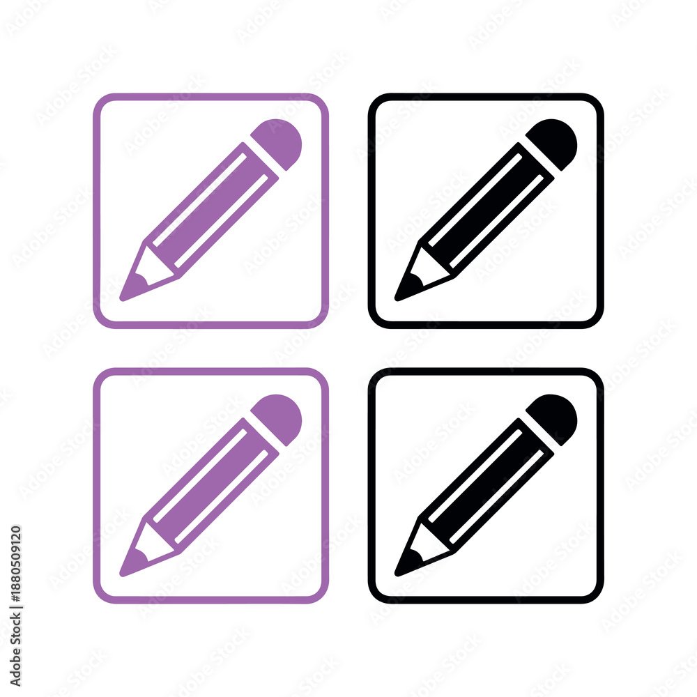 Fototapeta premium Set of four simple graphic icons representing writing and editing tools featuring two purple pencils within rounded square frames and two black pencils within square frames