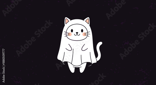 Adorable white cat wearing a ghost sheet costume for Halloween stands against a dark textured background with its tail visible.