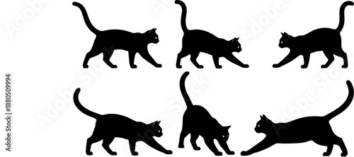 Black cat silhouette set showing walking and stretching poses flat vector illustration isolated on white background