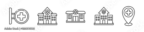 health building icon set collection in outline style. Icon pack contain pharmacy, hospital, hospital building, clinic, hospital location