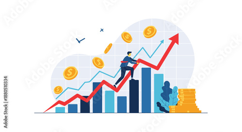 Determined businessman climbs up a rising bar chart towards a big red arrow while gold coins and dollar signs float around him.