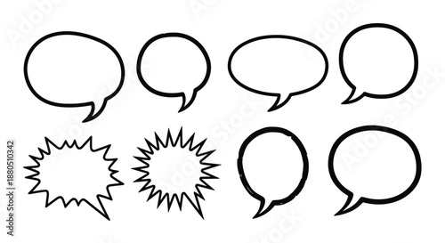 Set of eight hand-drawn speech and thought bubbles including rounded and jagged explosion shapes for comic and web design.