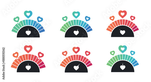 Collection of colorful heart rate or love meter gauge icons with needles and heart symbols on a white background.