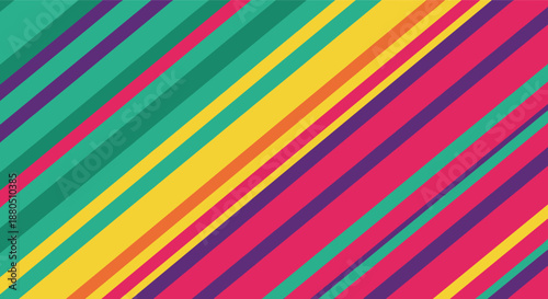 Vibrant abstract background featuring a dynamic pattern of multi colored diagonal stripes in teal purple yellow and magenta.