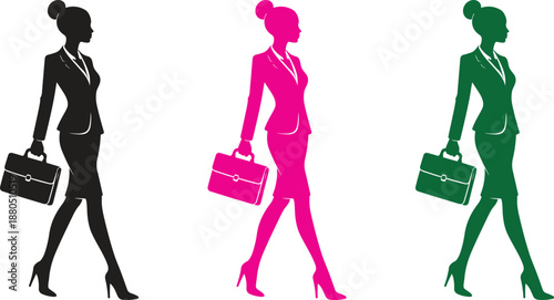 Elegant Business Woman Walking with Briefcase Silhouette Vector Illustration