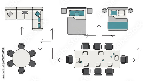 Office layout diagram illustrating various meeting room configurations and seating arrangements from different viewpoints