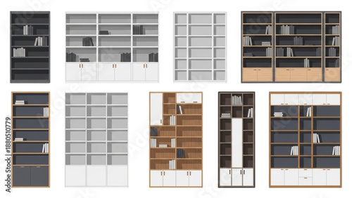 Collection of diverse bookcases and shelving units for organized storage displayed in multiple views