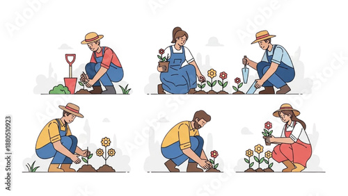 People Planting Flowers and Gardening Together in a Beautiful Outdoor Setting from a Front View