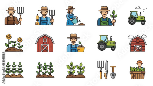 Farmer working in the field with various agricultural tools and machinery