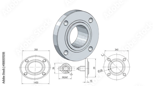 Technical drawing of a mechanical flange with detailed measurements and multiple views on a clean white background from various viewpoints