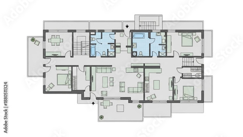 Detailed architectural blueprint of a modern residential building layout