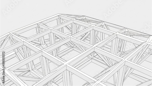Detailed architectural illustration of building framework from overhead viewpoint showcasing structural elements and wooden beams