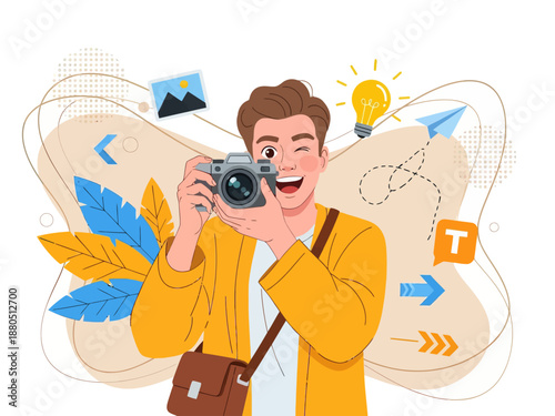 Happy Young Male Photographer Taking Photo with Digital Camera, Creative Professional Guy Capturing Moments with Lightbulb Idea and Photo Icons Background, Vector Illustration.