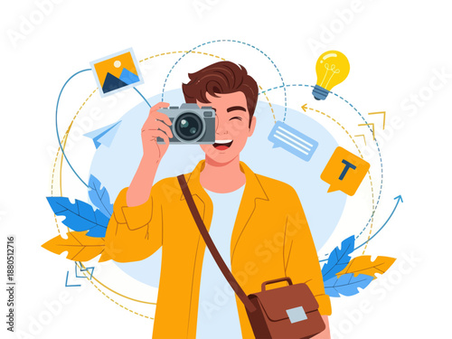Happy Young Male Photographer Taking Photo with Digital Camera, Creative Professional Guy Capturing Moments with Lightbulb Idea and Photo Icons Background, Vector Illustration.