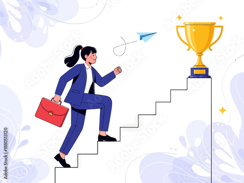 Businesswoman Running Up Stairs to Giant Golden Trophy, Success and Career Growth Concept Vector Illustration of Female Leader Achieving Goal and Professional Ambition.