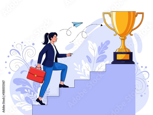 Businesswoman Running Up Stairs to Giant Golden Trophy, Success and Career Growth Concept Vector Illustration of Female Leader Achieving Goal and Professional Ambition.