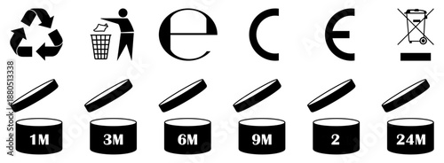 Packaging recycling and certification symbols black vector set, Recycling packaging symbols and certification signs black set, packaging, icons, recycling, symbols, vector icons,