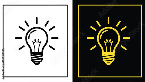 Simple graphic icons representing a glowing light bulb illuminating concepts of inspiration innovation creativity and solution finding shown in contrasting black and white backgrounds
