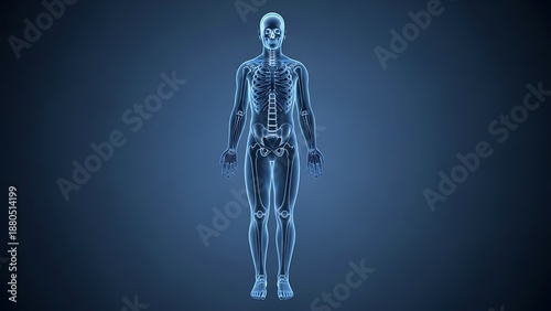 A full-body x-ray image of a human figure standing in a dark blue environment from a front viewpoint